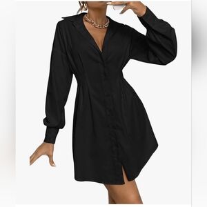 Black Mini Dress with Bishop Sleeves and Notched Collar Size S Small